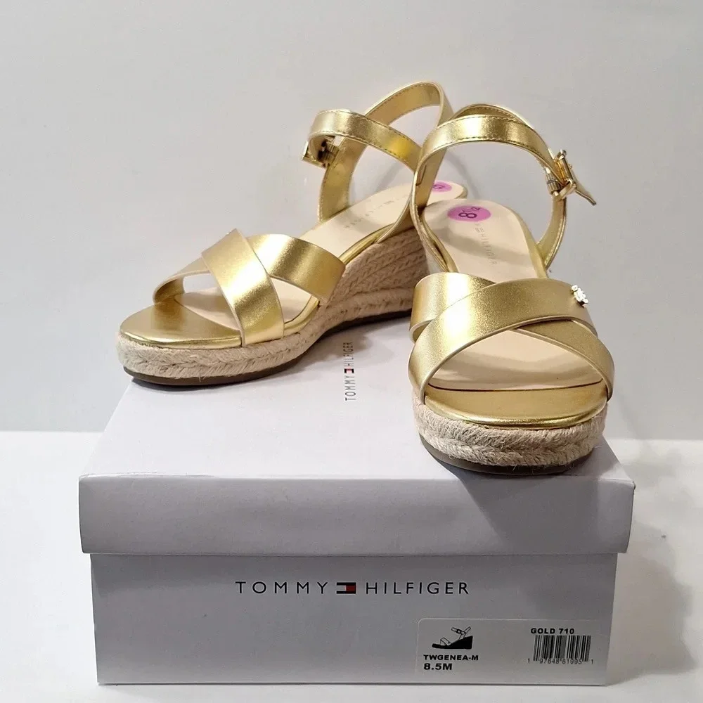 Tommy Hilfiger NEW Gold Platform Espadrille Ankle Strap Coquette Wedges Size 8.5